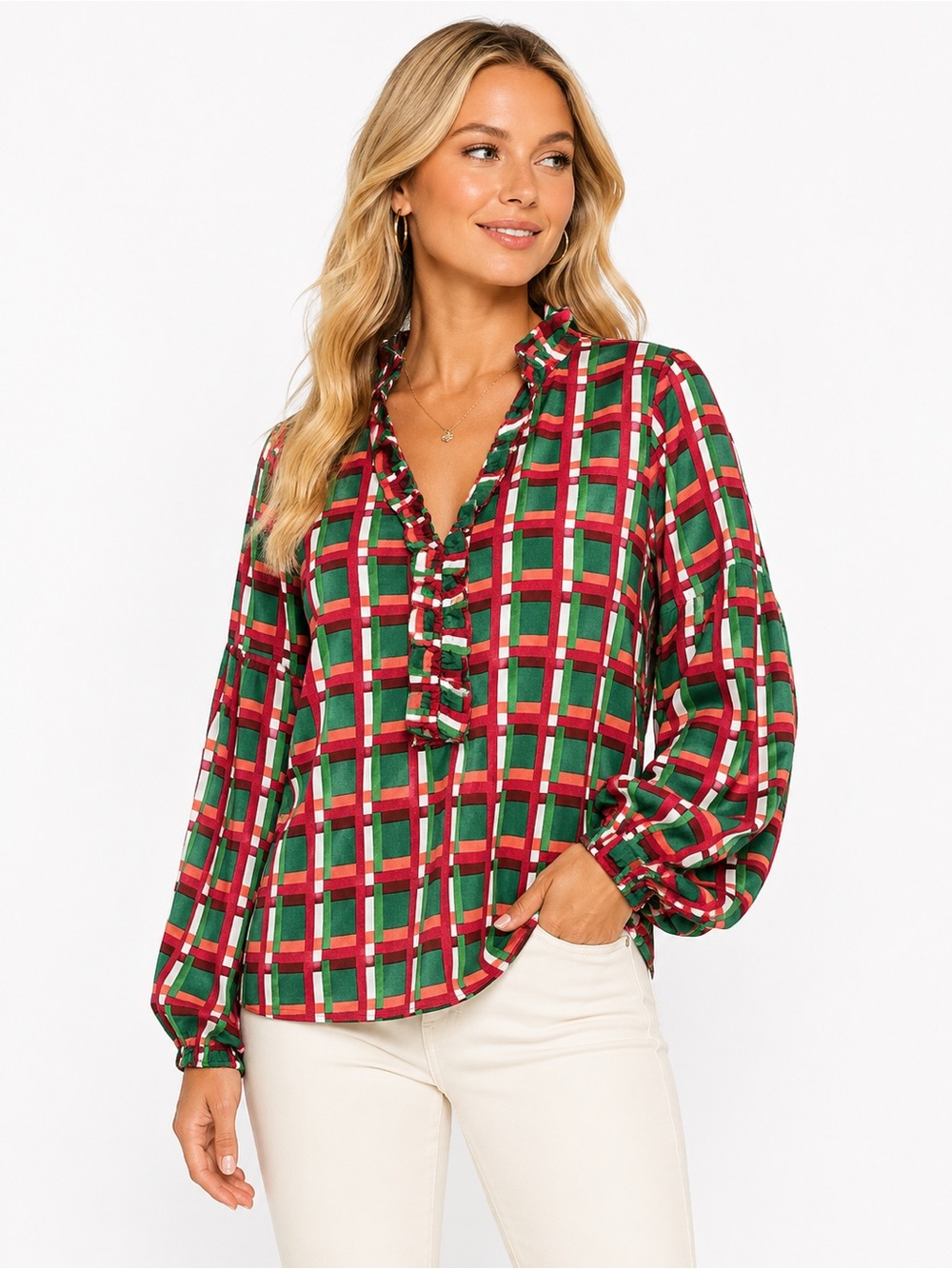 Michelle McDowell Size Small Ruffle V-Neck Plaid Long-Sleeve Top in Red & Green‎